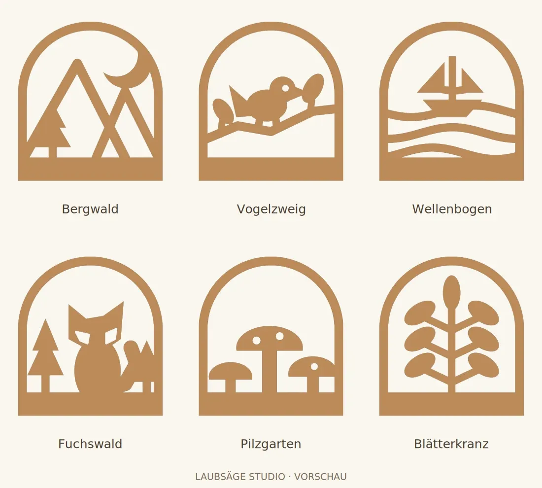 Die sechs Laubsägevorlagen der Kollektion Wald und Weite
